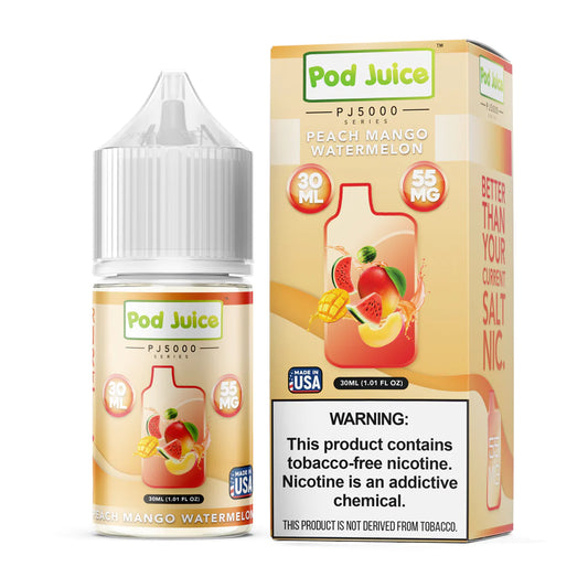 Peach Mango Watermelon by Pod Juice TFN PJ5000 Salt Series E-Liquid 30mL bottle with packaging
