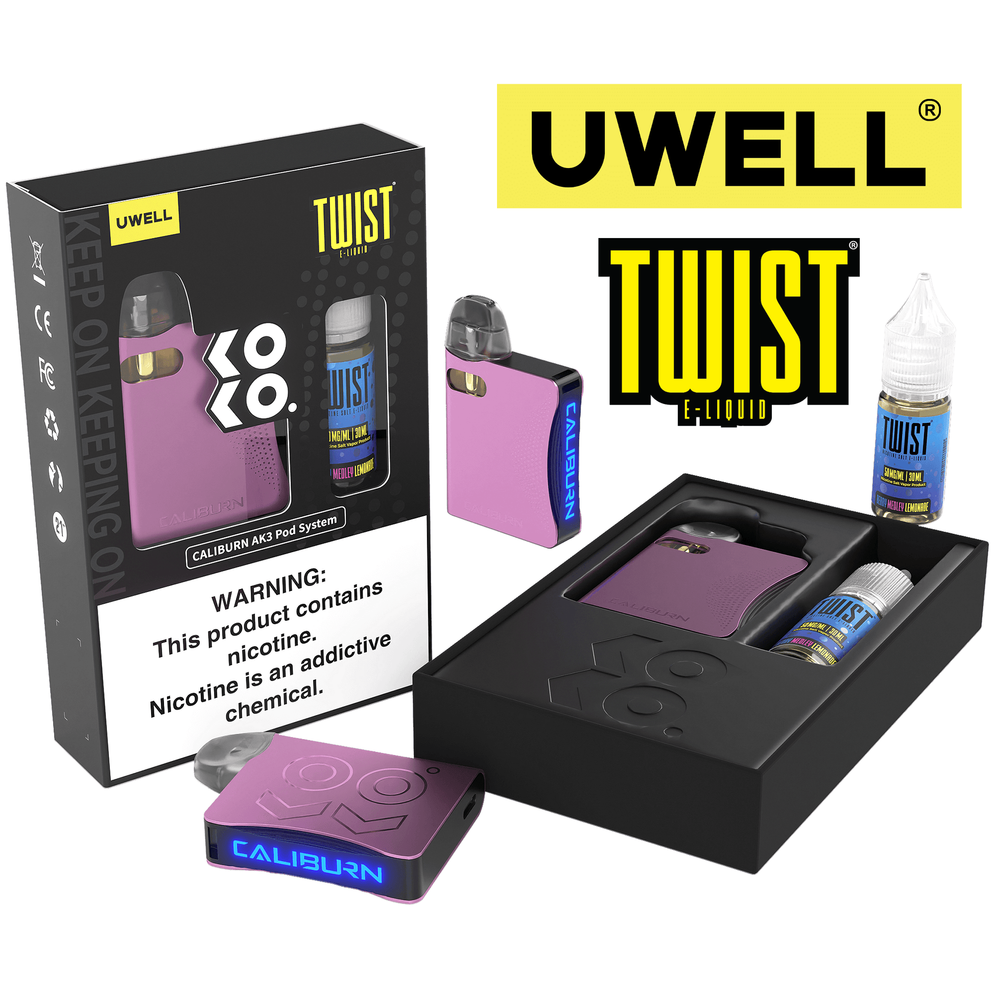 Uwell Caliburn AK3 Kit + A3S 0.8ohm Pods (x2) + Daddy's Vapor 10mL Salts 50mg Color: Pink Flavor: Berry Medley Lemonade