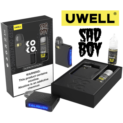 Uwell Caliburn AK3 Kit + A3S 0.8ohm Pods (x2) + Daddy's Vapor 10mL Salts 50mg  Color: Black Flavor: Butter Cookie