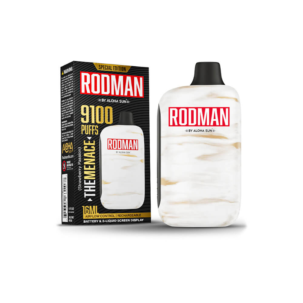Aloha Sun Rodman Disposable 9100 Puffs 16mL 50mg The Menace Strawberry Passion with packaging