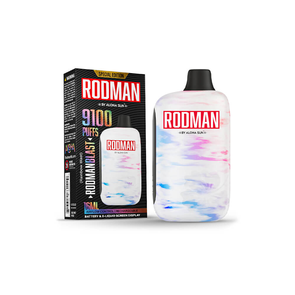 Aloha Sun Rodman Disposable 9100 Puffs 16mL 50mg Rodman Blast Rainbow Blast with packaging