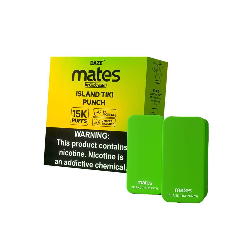 7Daze Click-mates Pre-Filled Replacement Pod 9mL 2-Pack | 15000 Puffs 18mL 50mg Island Tiki Punch with packaging