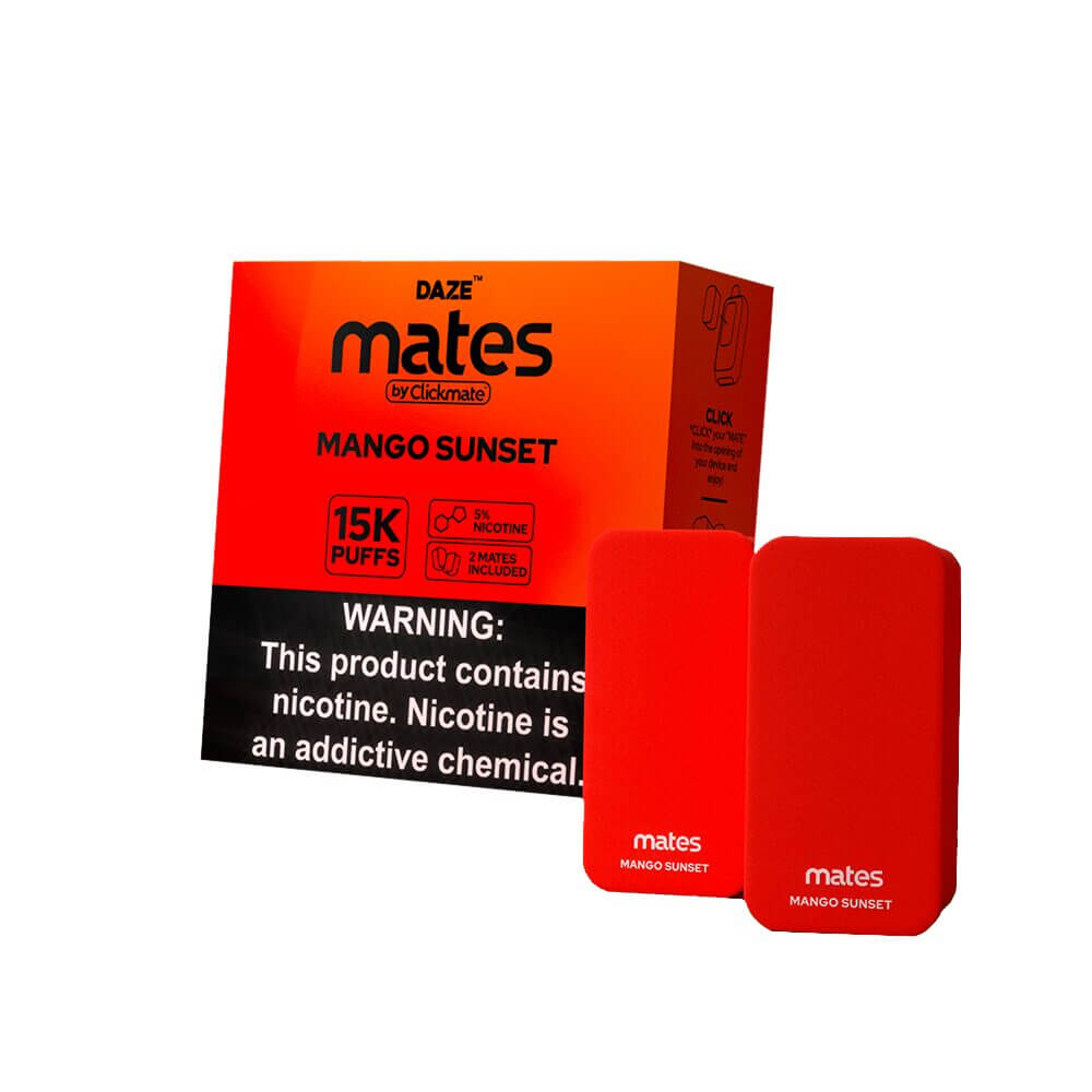 7Daze Click-mates Pre-Filled Replacement Pod 9mL 2-Pack | 15000 Puffs 18mL 50mg Mango Sunset with packaging