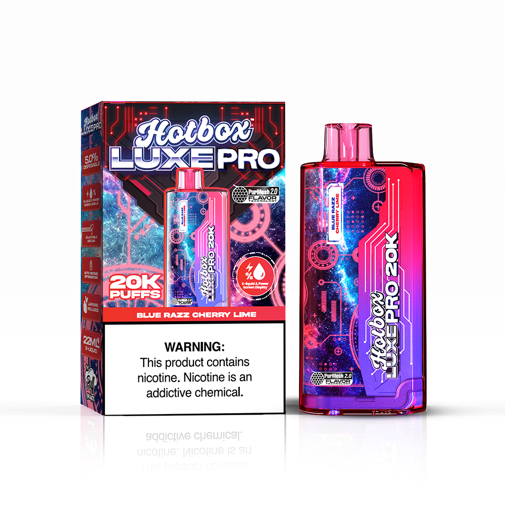 Puff Labs Hotbox Luxe Pro Disposable 20000 Puffs 22mL 50mg Blue Razz Cherry Lime with packaging