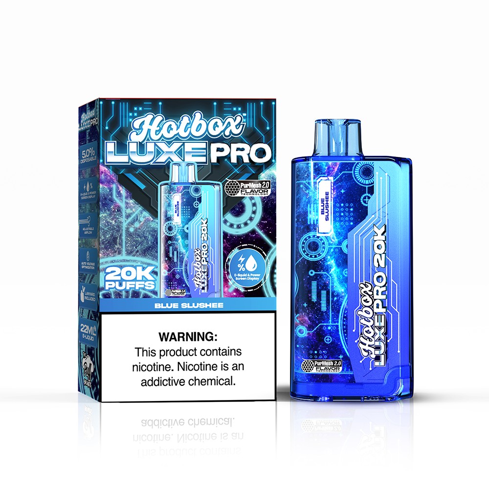 Puff Labs Hotbox Luxe Pro Disposable 20000 Puffs 22mL 50mg Blue Shushee with packaging