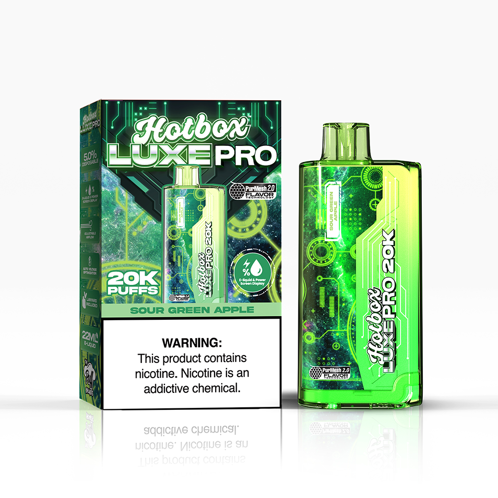 Puff Labs Hotbox Luxe Pro Disposable 20000 Puffs 22mL 50mg sour green apple with packaging