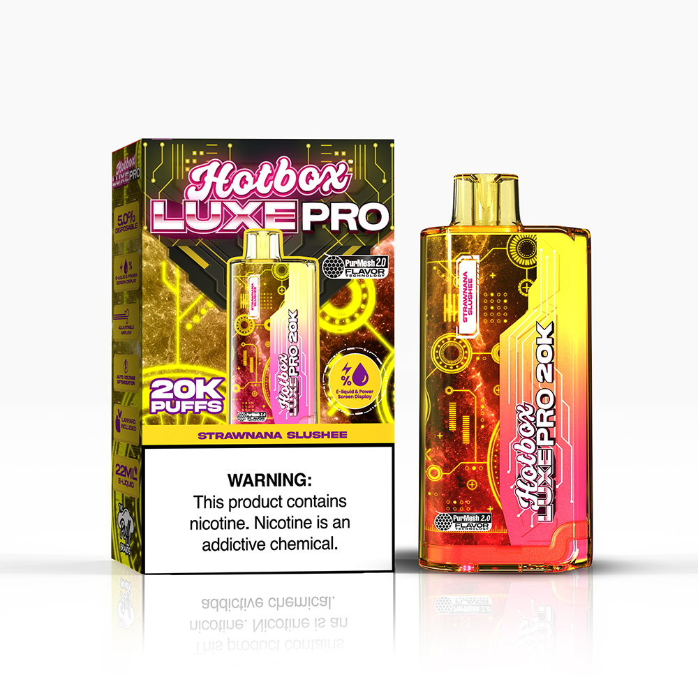 Puff Labs Hotbox Luxe Pro Disposable 20000 Puffs 22mL 50mg strawnana slushee with packaging