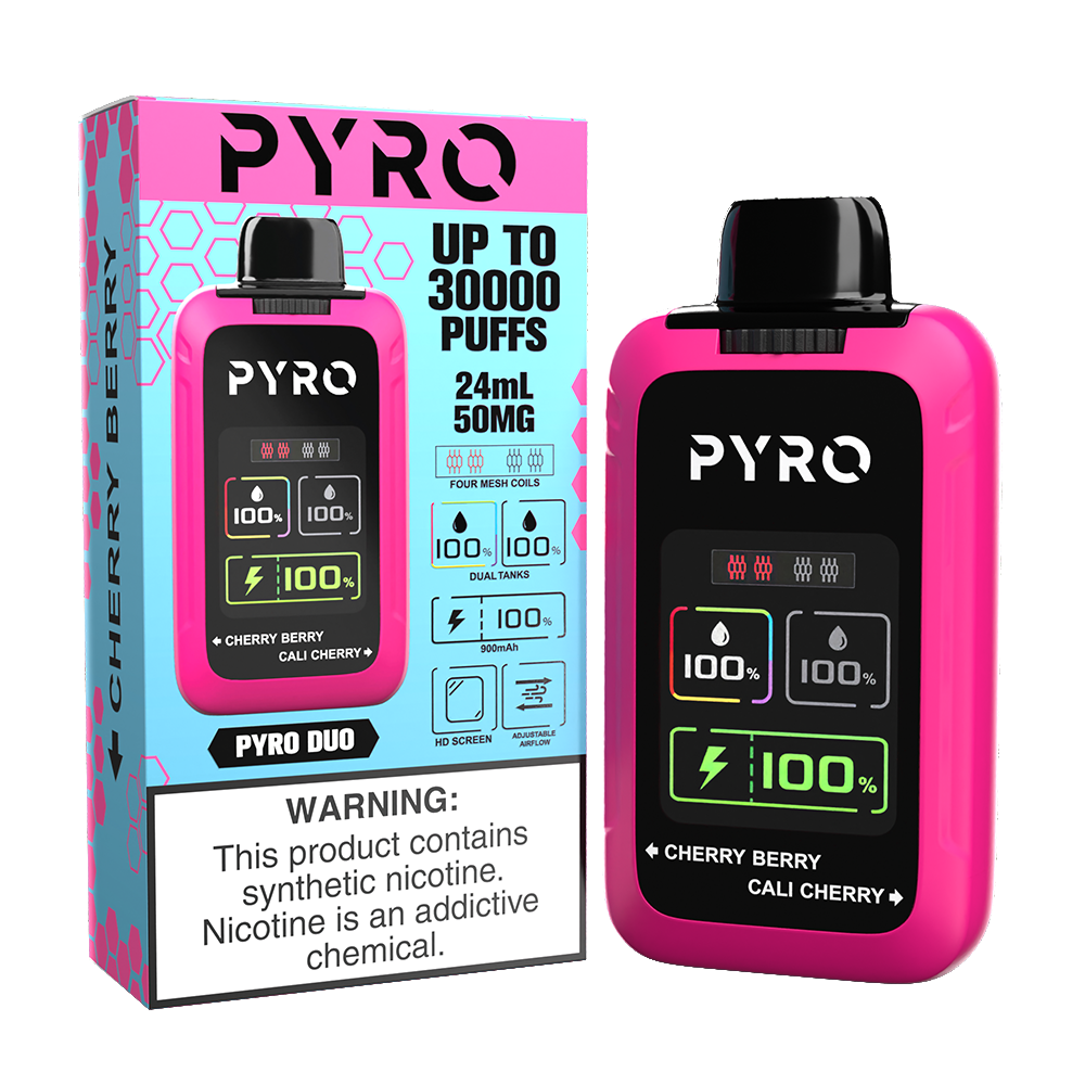 Pyro Duo Disposable 30000 Puffs 24mL 50mg - cherry berry/ cali cherry with packaging