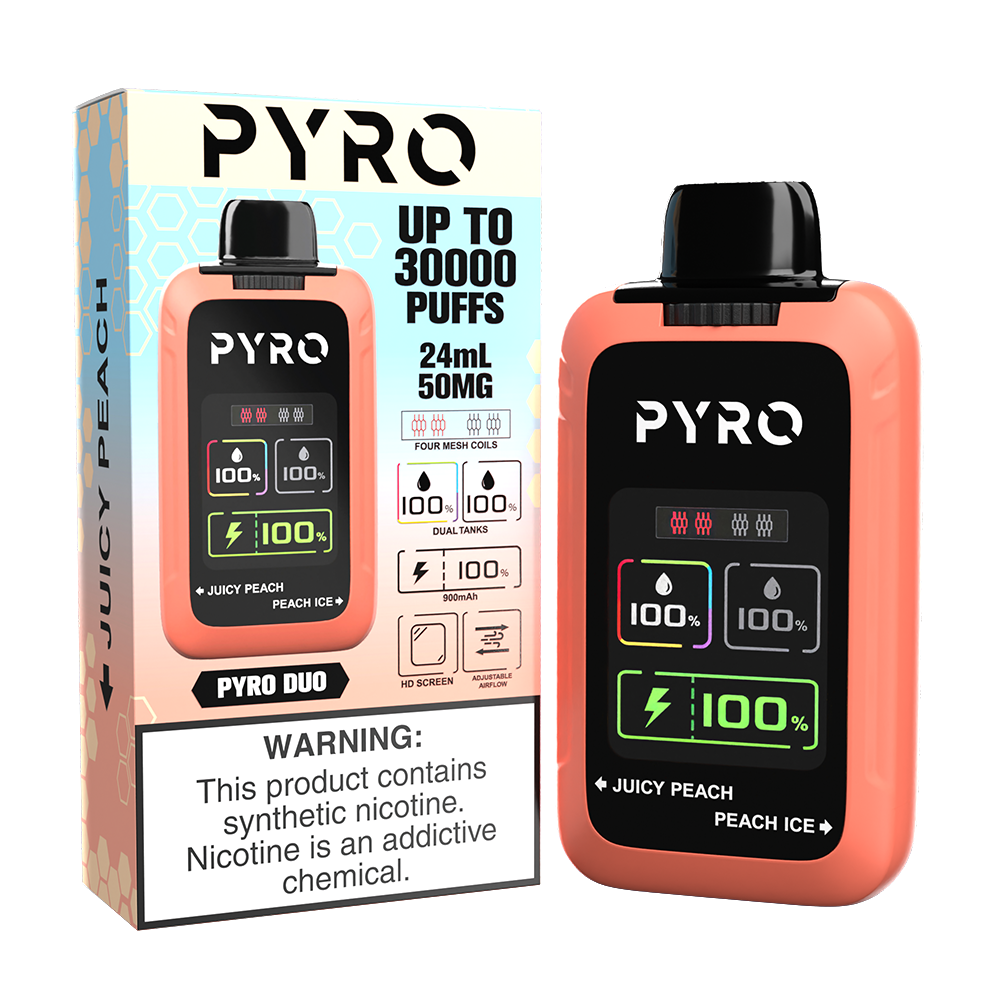 Pyro Duo Disposable 30000 Puffs 24mL 50mg - juicy peach / peach ice with packaging