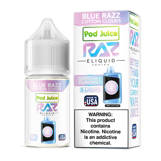 Blue Razz Cotton Clouds by Pod Juice + RAZ Disposables Collab Salt E-Liquid 30mL (Salt Nic) with packaging