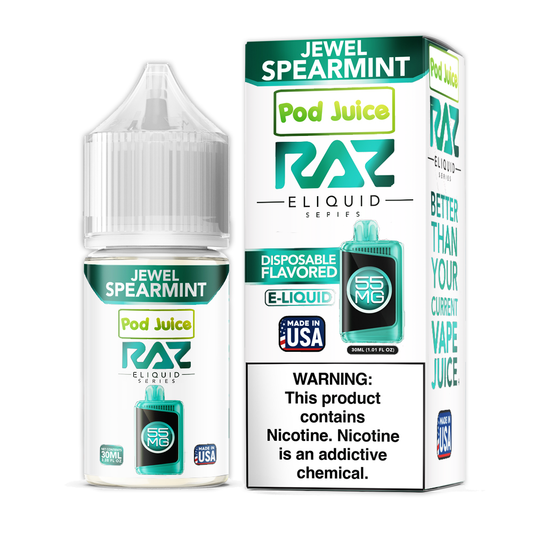 Jewel Spearmint by Pod Juice + RAZ Disposables Collab Salt E-Liquid 30mL (Salt Nic) with packaging