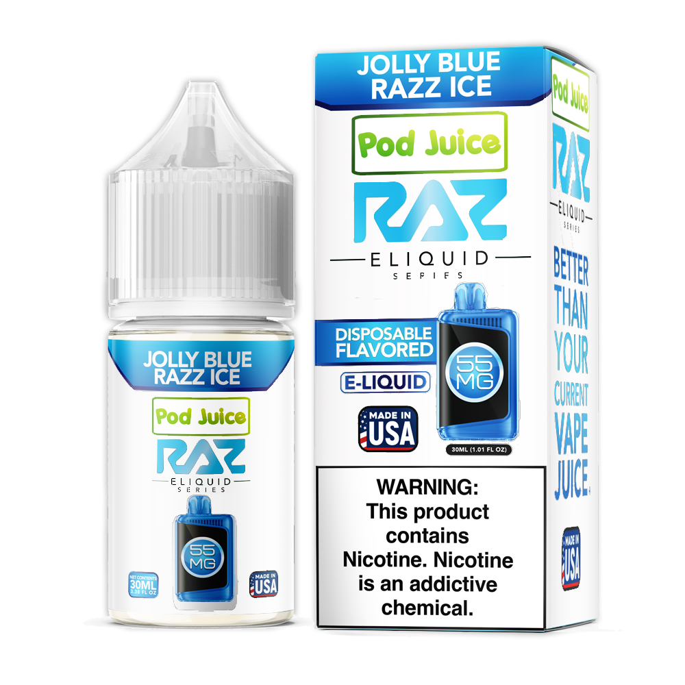 Jolly Blue Razz Ice by Pod Juice + RAZ Disposables Collab Salt E-Liquid 30mL (Salt Nic) with packaging