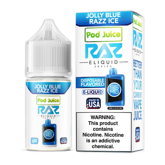 Jolly Blue Razz Ice by Pod Juice + RAZ Disposables Collab Salt E-Liquid 30mL (Salt Nic) with packaging