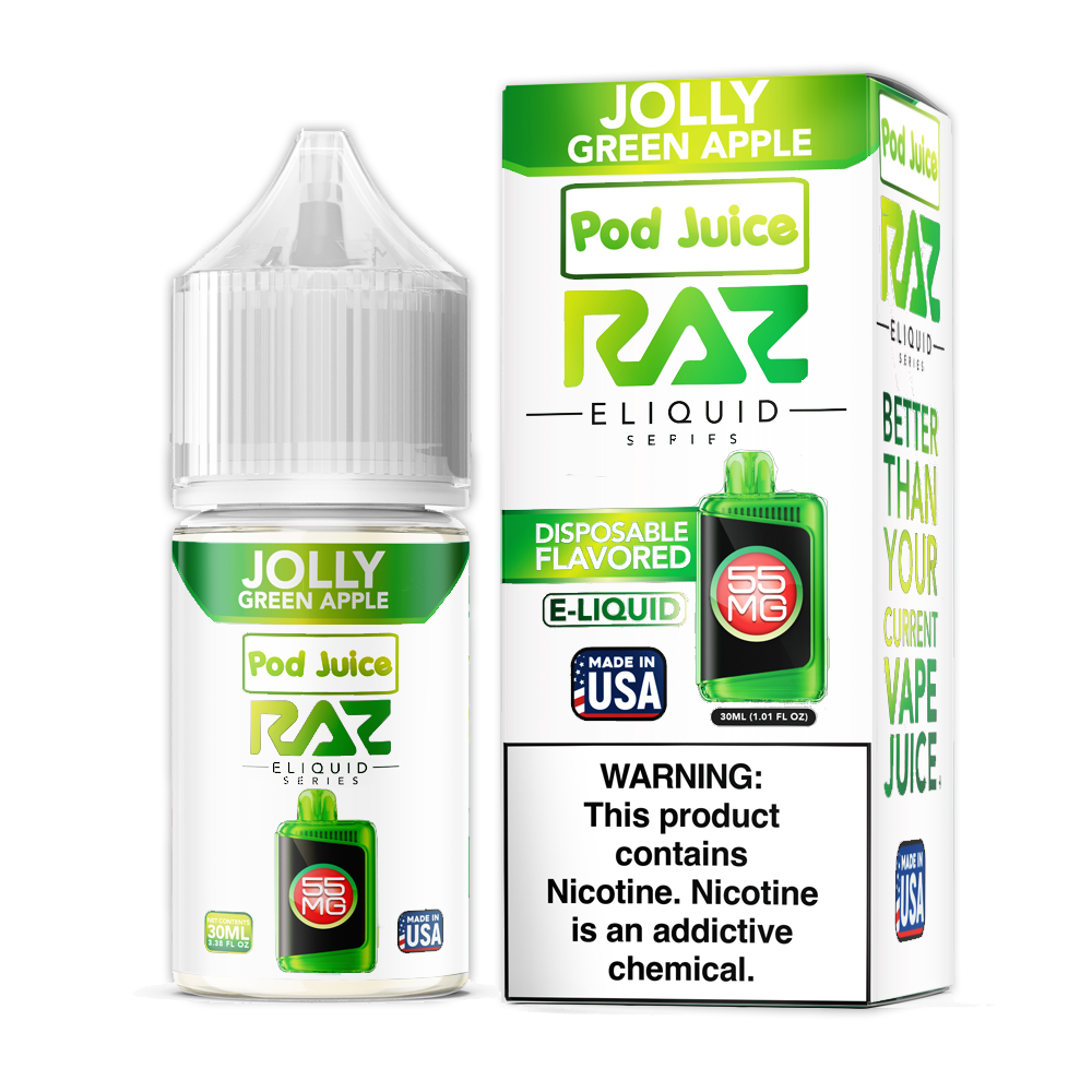 Jolly Green Apple by Pod Juice + RAZ Disposables Collab Salt E-Liquid 30mL (Salt Nic) with packaging