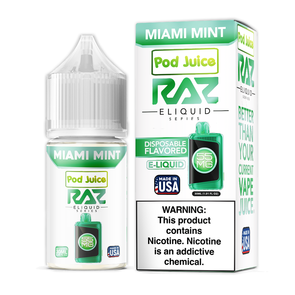 Miami Mint by Pod Juice + RAZ Disposables Collab Salt E-Liquid 30mL (Salt Nic) with packaging