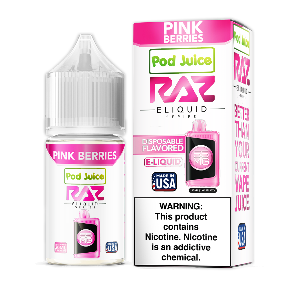 Pink Berries by Pod Juice + RAZ Disposables Collab Salt E-Liquid 30mL (Salt Nic) with packaging