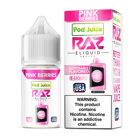 Pink Berries by Pod Juice + RAZ Disposables Collab Salt E-Liquid 30mL (Salt Nic) with packaging