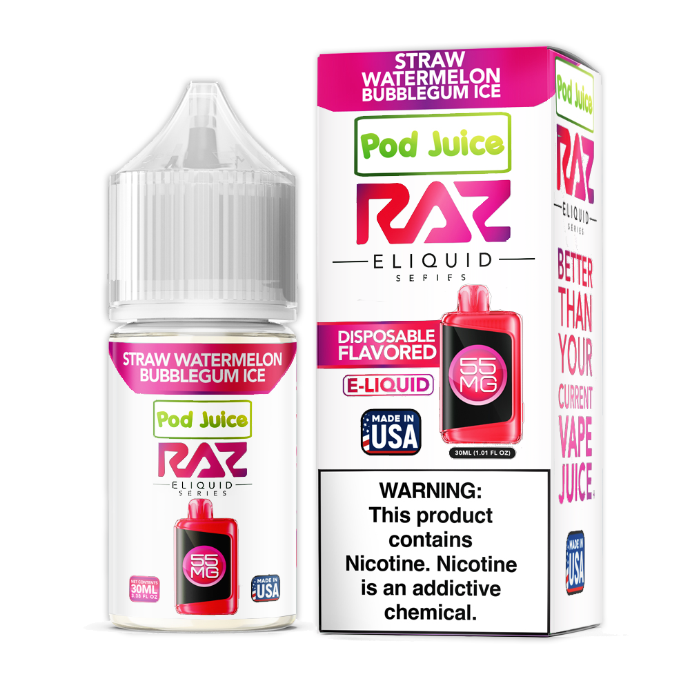 Straw Watermelon Bubblegum Ice by Pod Juice + RAZ Disposables Collab Salt E-Liquid 30mL (Salt Nic) with packaging