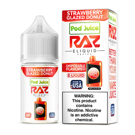 Strawberry Glazed Donut by Pod Juice + RAZ Disposables Collab Salt E-Liquid 30mL (Salt Nic) with packaging