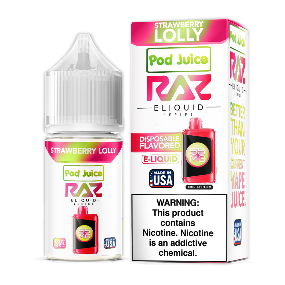 Strawberry Lolly by Pod Juice + RAZ Disposabl’s Collab Salt E-Liquid 30mL (Salt Nic) with packaging