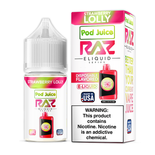 Strawberry Lolly by Pod Juice + RAZ Disposabl’s Collab Salt E-Liquid 30mL (Salt Nic) with packaging