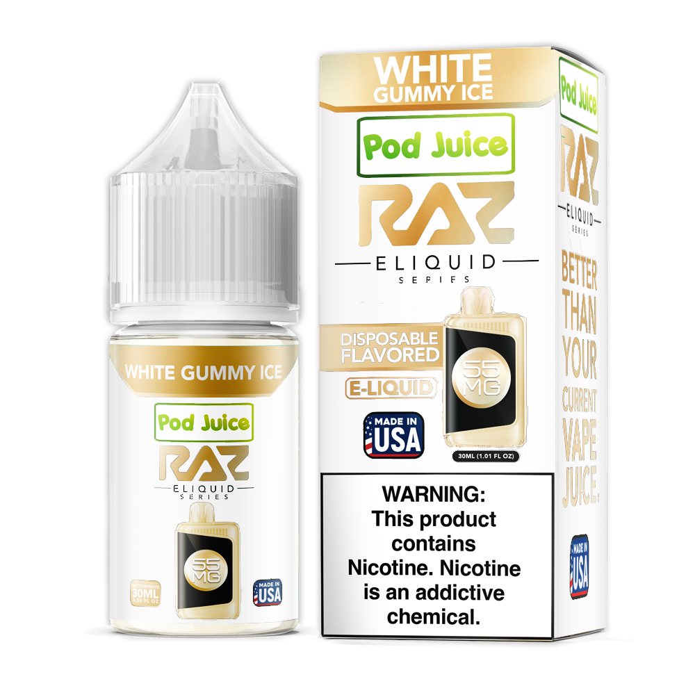 White Gummy Ice by Pod Juice + RAZ Disposables Collab Salt E-Liquid 30mL (Salt Nic) with packaging