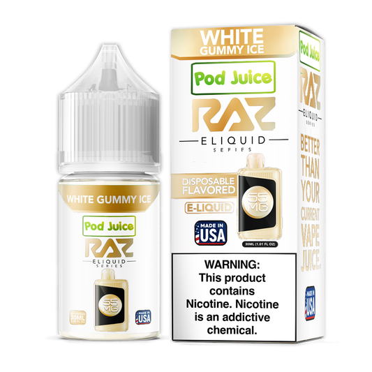 White Gummy Ice by Pod Juice + RAZ Disposables Collab Salt E-Liquid 30mL (Salt Nic) with packaging