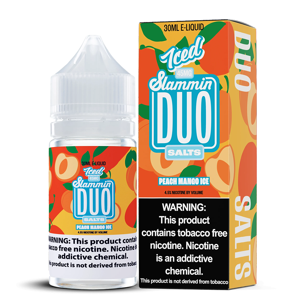 Peach Mango Ice by Slammin Duo Series E-Liquid 30mL (Salt Nic) with packaging