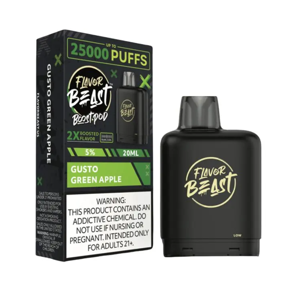 Flavor Beast Level X Boost Pods 1pc | 25000 Puffs 20mL 50mg | gusto green apple with packaging