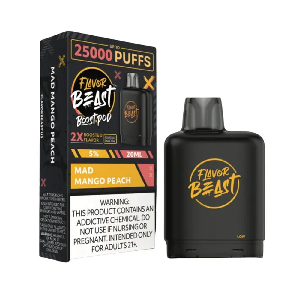 Flavor Beast Level X Boost Pods 1pc | 25000 Puffs 20mL 50mg | mad mango peach with packaging