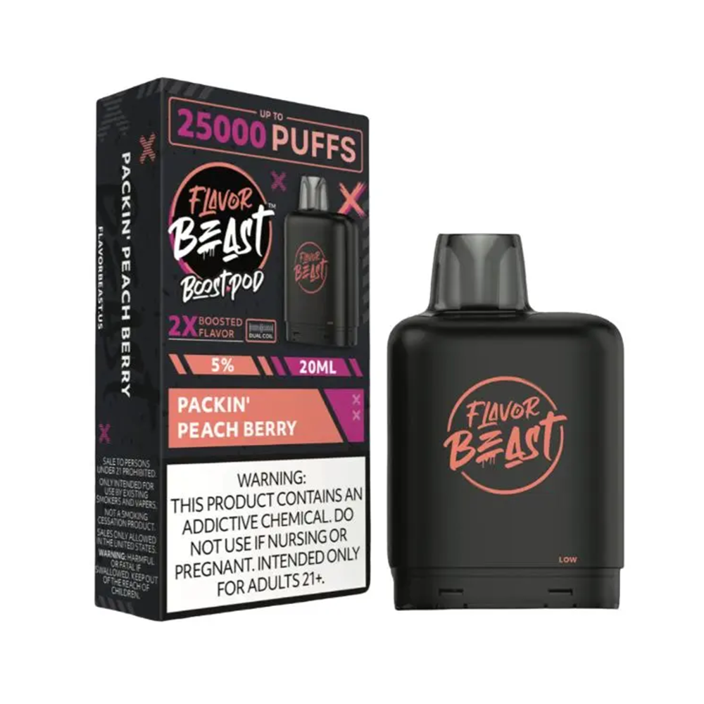 Flavor Beast Level X Boost Pods 1pc | 25000 Puffs 20mL 50mg Packin peach berry with packaging