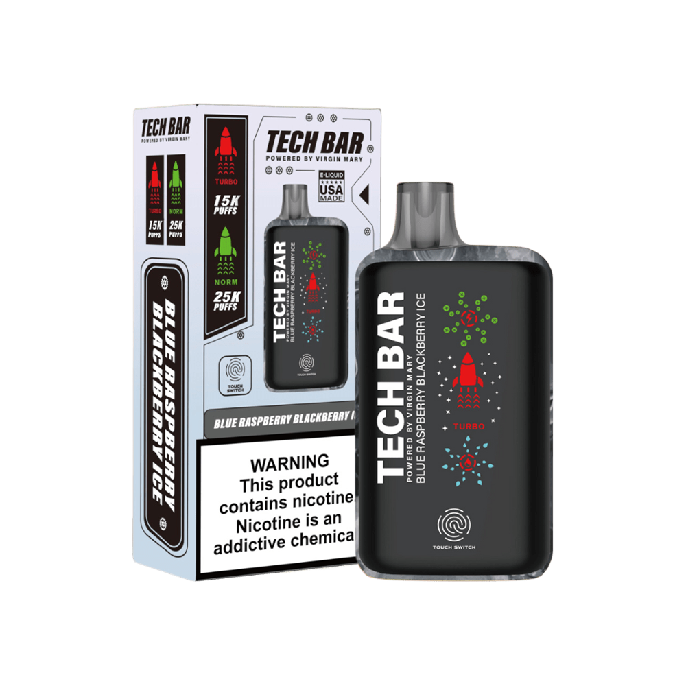 Tech Bar Disposable 25000 Puffs 25mL 50mg blue raspberry blackberry ice with packaging