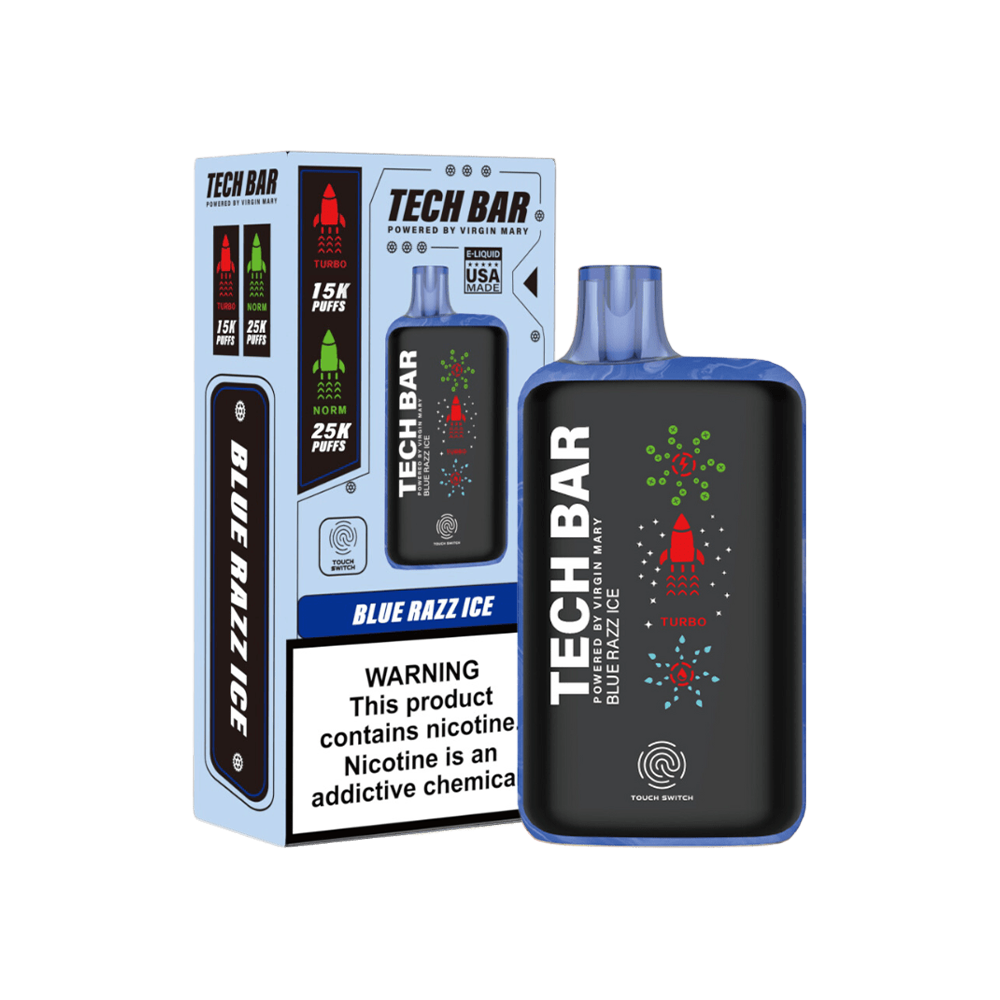 Tech Bar Disposable 25000 Puffs 25mL 50mg blue razz ice with packaging