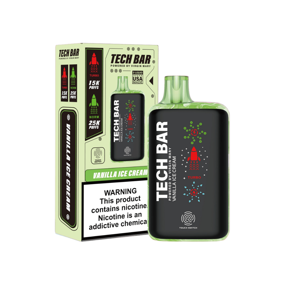 Tech Bar Disposable 25000 Puffs 25mL 50mg vanilla ice cream with packaging