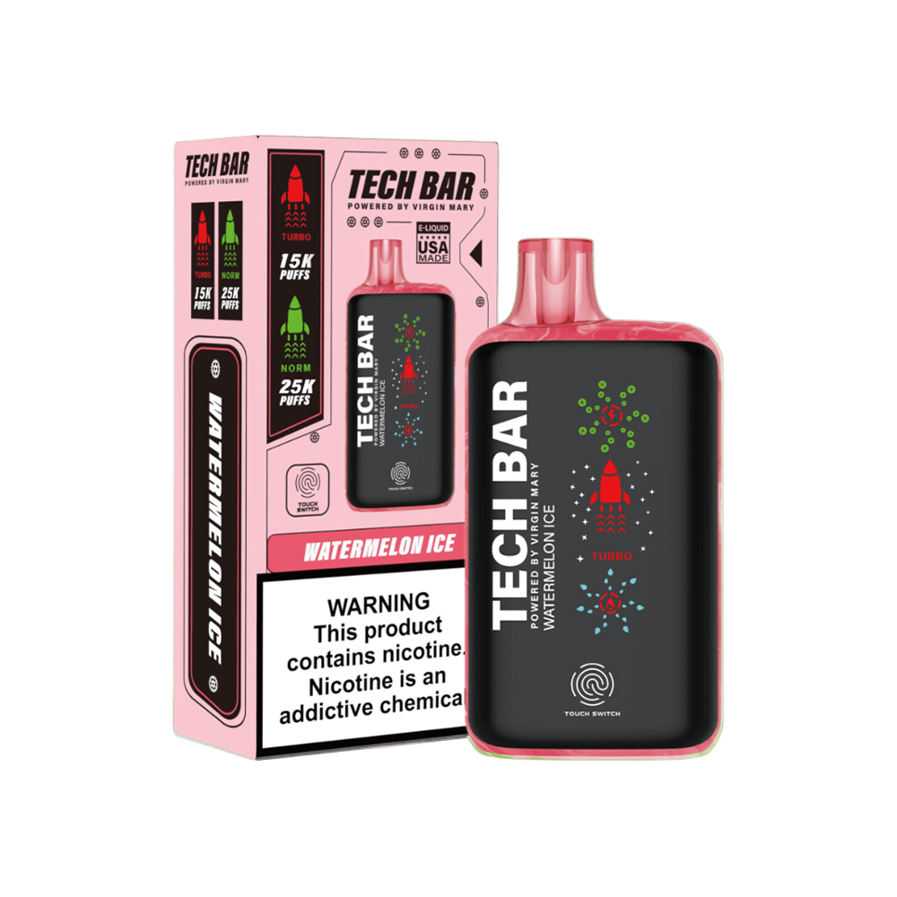 Tech Bar Disposable 25000 Puffs 25mL 50mg watermelon ice with packaging