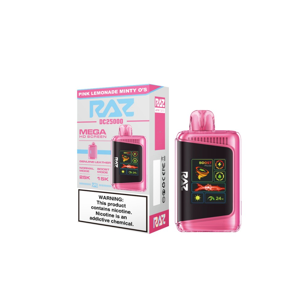 RAZ DC25000 Disposable 25000 Puffs 16mL 50mg | pink lemonade minty 0's with packaging