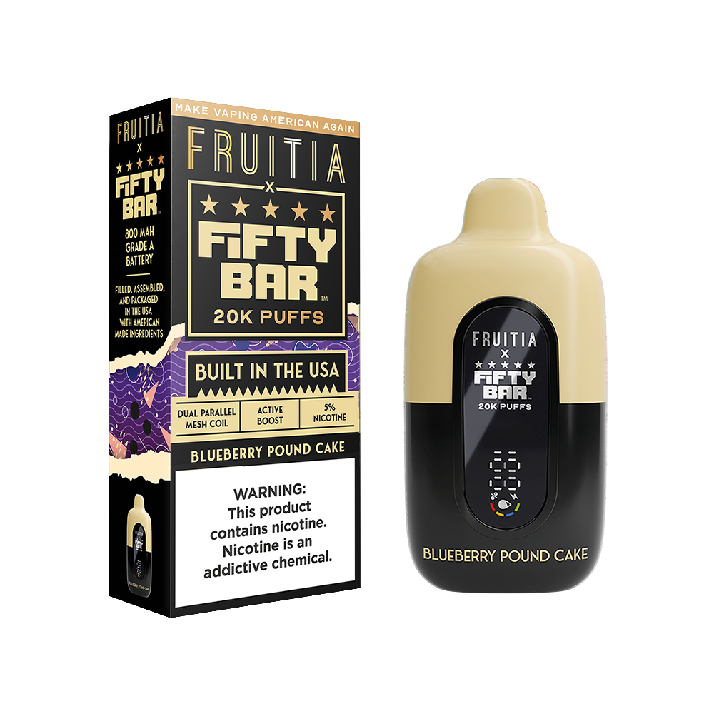 Fifty Bar Fruitia Disposable 20000 Puffs 16mL 50mg| blueberry pound cake with packaging