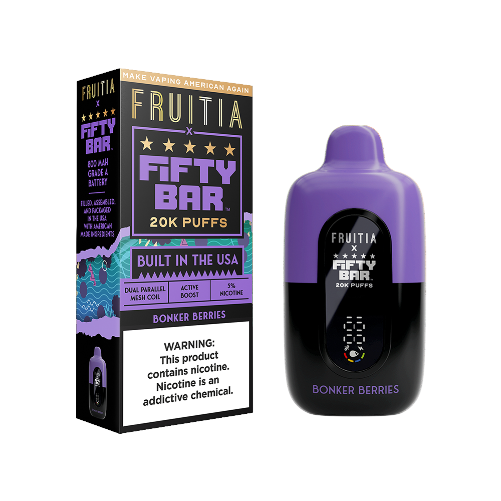 Fifty Bar Fruitia Disposable 20000 Puffs 16mL 50mg| bonker berries with packaging