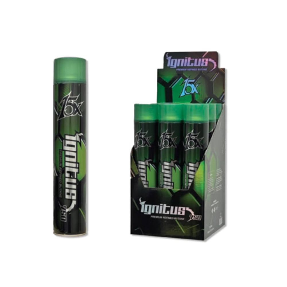 Ignitus Premium 15X Ultra Refined Butane 25.36oz 750mL (SAS) (9pc Display) - Green Cannister
