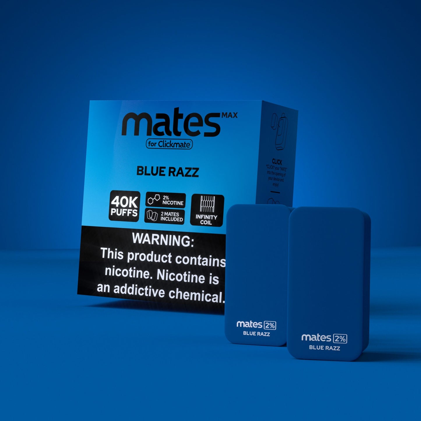 7Daze Clickmates 2% Prefilled Mates MAX (2-Pack) blue razz with packaging