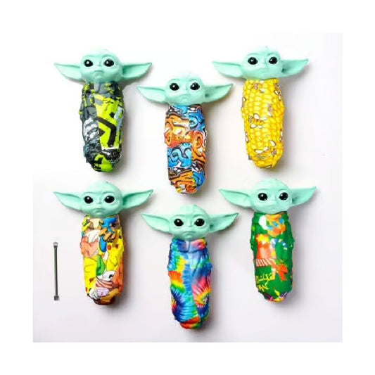 Non branded (Hand Pipe)(5-Pack) SHP13 Baby Yoda Design Silicone Hand Pipe (SAS) - Assorted Colors