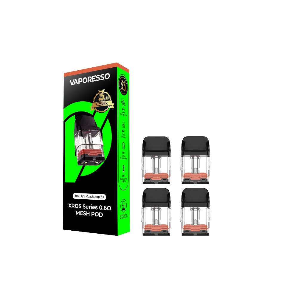 Vaporesso XROS COREX 3.0 – Pods- 4-Pack 3mL Top-Fill 0.6ohm Mesh with packaging