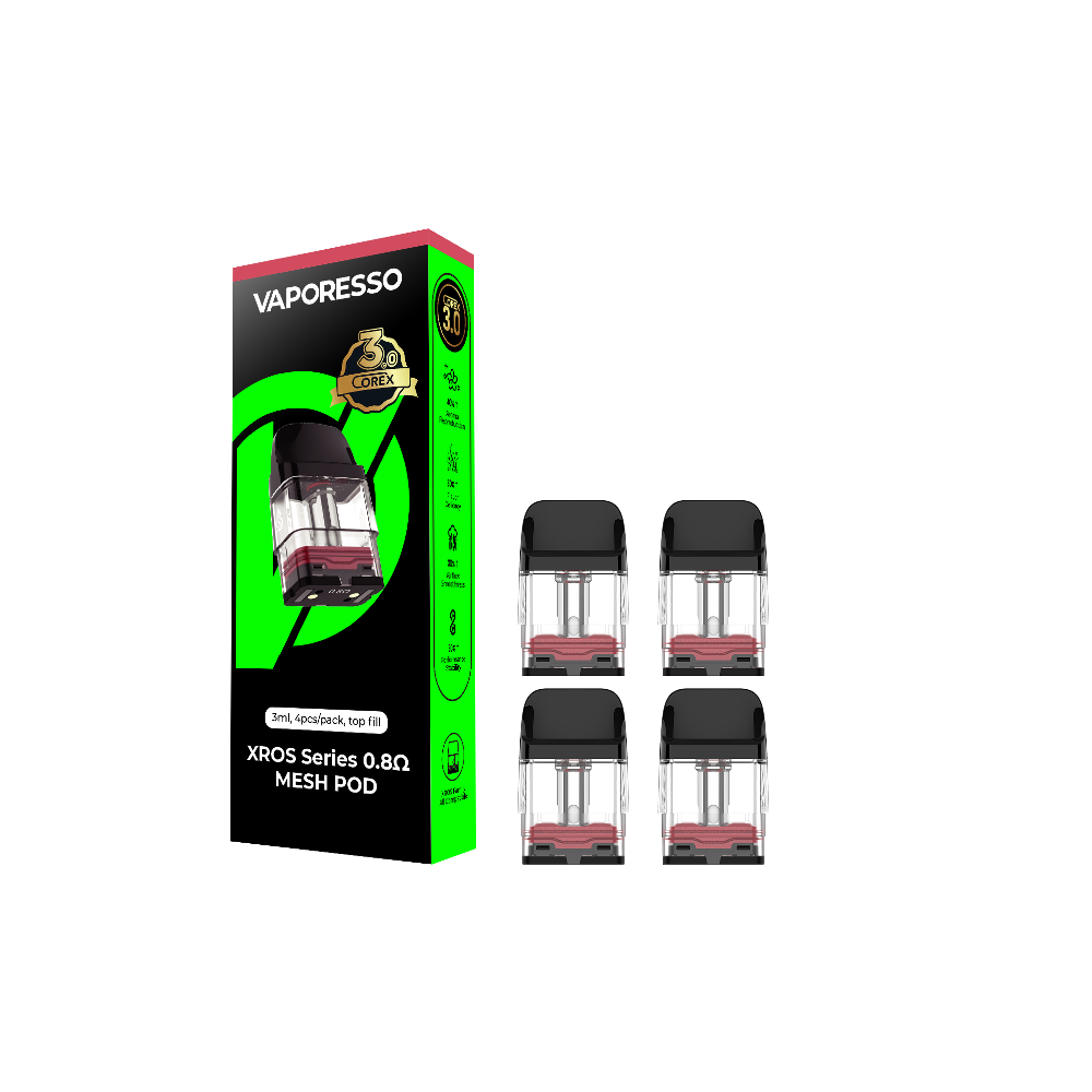 Vaporesso XROS COREX 3.0 – Pods- 4-Pack 3mL Top-Fill 0.8 ohm Mesh with packaging