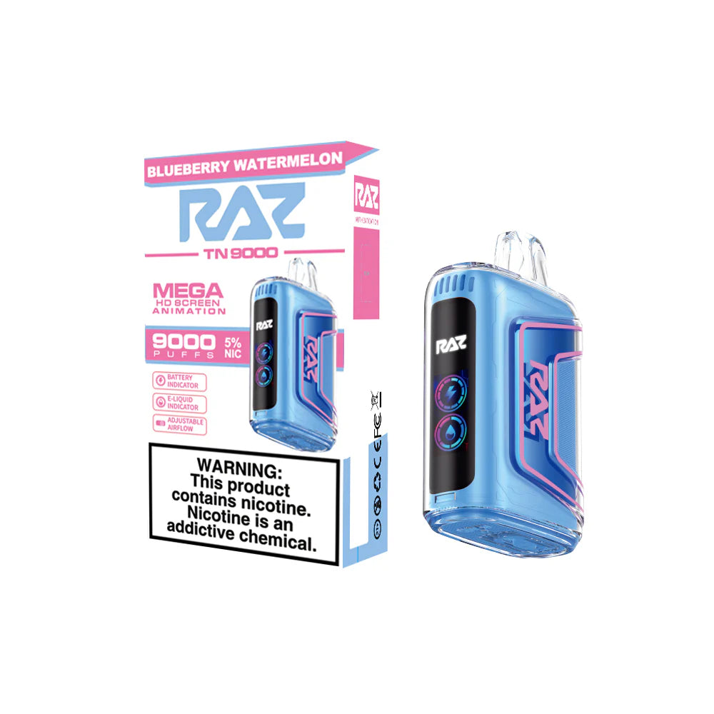 RAZ TN9000 Disposable 9000 Puffs 12mL 50mg Blueberry Watermelon with Packaging