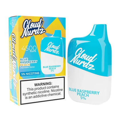 Cloud Nurdz 0% Disposable 4500 Puff 12mL 00mg - Blue Raspberry  Peach with packaging