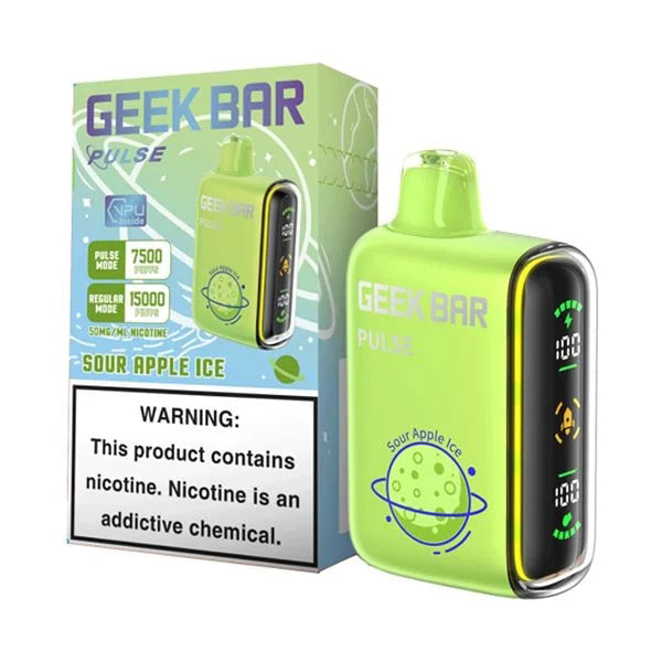 Geek Bar Pulse Disposable 15000 Puffs 16mL 50mg (10-Pack Version) | Sour Apple Ice with packaging