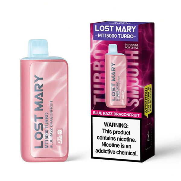 Lost Mary MT15000 Turbo Disposable 15000 Puffs 16mL 50mg blue razz dragonfruit with packaging