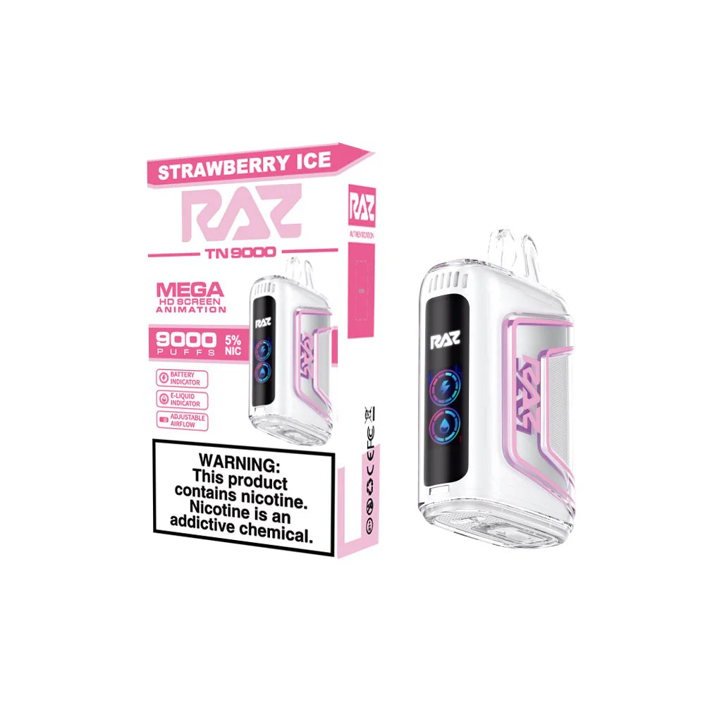 RAZ TN9000 Disposable 9000 Puffs 12mL 50mg Strawberry Ice with Packaging