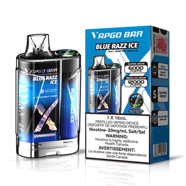 VAPGO BAR 12000 PUFF RECHARGEABLE DISPOSABLE VAPE 16ML blue razz ice with packaging