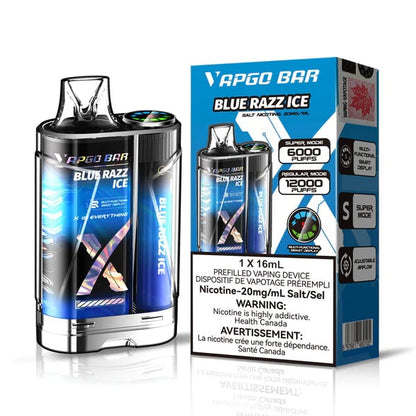 VAPGO BAR 12000 PUFF RECHARGEABLE DISPOSABLE VAPE 16ML blue razz ice with packaging